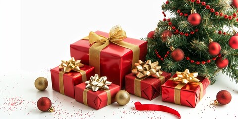 Christmas gift boxes with golden ribbons,  christmas tree