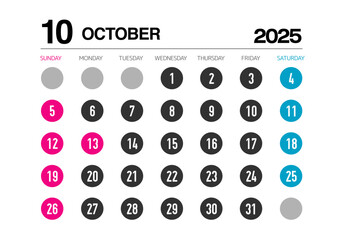 2025年の10月のカレンダー日曜始まり