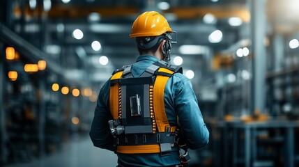 A worker in a hard hat and safety vest stands in a modern industrial setting, emphasizing safety and professionalism.