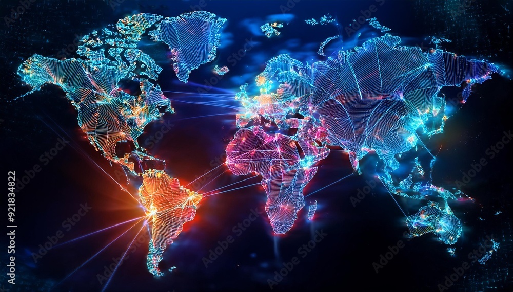 Wall mural a vibrant, interconnected world map showcasing global networks and data flows.