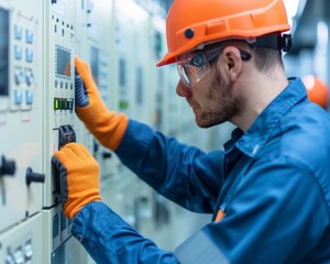 A worker in safety gear operating control panel in industrial setting, highlighting the importance of safety and technology.