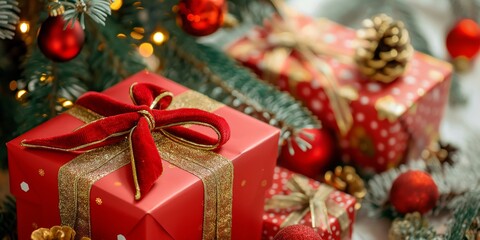 Christmas gift boxes with golden ribbons,  christmas tree