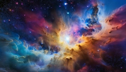 Fototapeta premium A mesmerizing cosmic landscape showcasing a vibrant nebula with swirling colors and a distant star