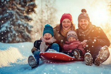 A cheerful family of four, bundled up in winter clothing, gleefully sledding down a snow-covered hill with vibrant sunset glow and snowflakes falling around them.