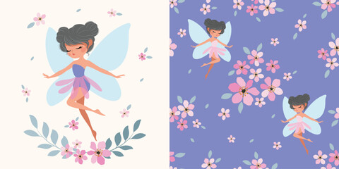 Little fairy illustration and seamless pattern design, cute fairy design for children's products, graphic and pattern design set, cute fairy collection, artwork for wallpapers, t shirt prints.