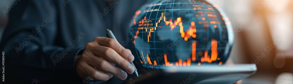 Poster a professional analyzing global data with a digital globe, representing finance, technology, and int