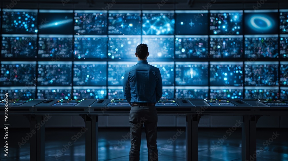 Poster a professional analyzes data on multiple screens, surrounded by vibrant visuals and technology, show