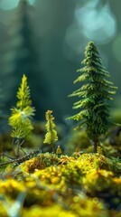 Fototapeta premium person in a miniature green forest illustration poster background 