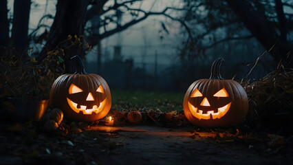 Halloween background two glowing smiling pumpkins standing in the forest Twilight