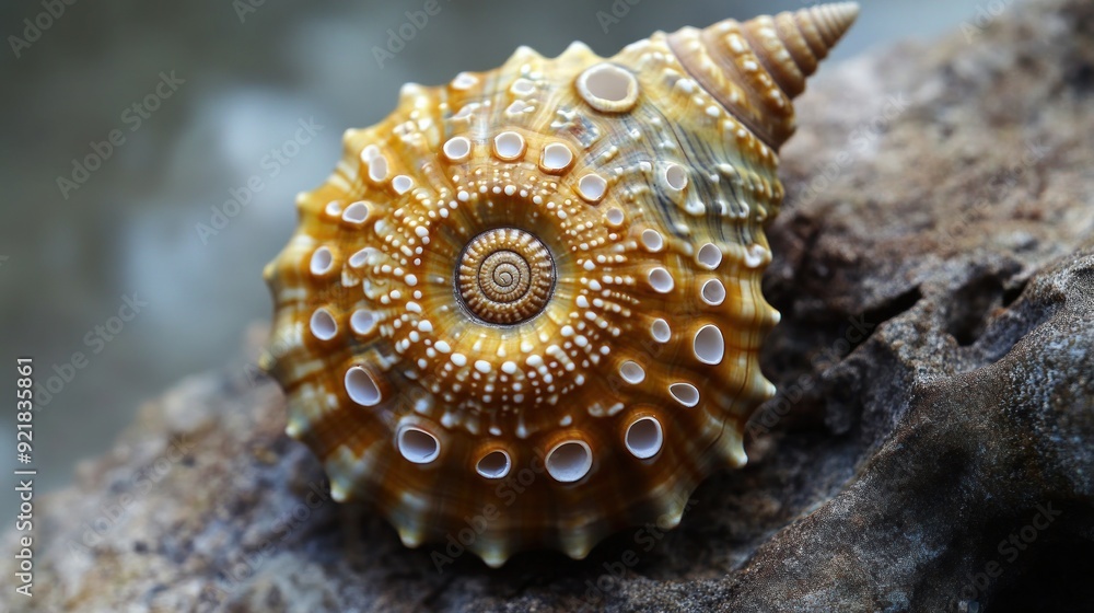 Poster detailed close-up of a brown and white seashell with a spiral pattern