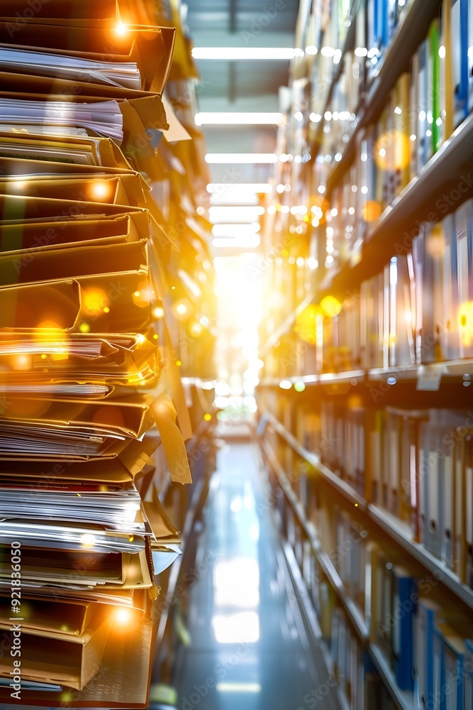 Poster stack of files in a large office or library.