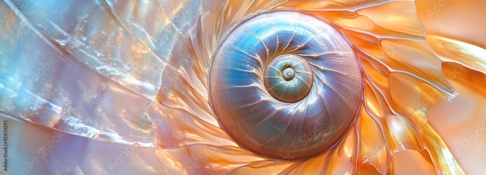 Poster close-up of a shiny, iridescent seashell with a spiral pattern