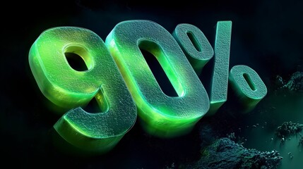 90% Discount Symbol Glowing Green on Dark Background: Eco-Friendly Organic Promotion Concept with 3D Rendered Textured Abstract Background