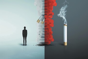 Man facing a giant wall of cigarettes a vivid illustration of the daunting challenge of overcoming addiction