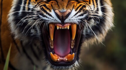 Obraz premium Close-up of a Tiger's Open Mouth with Sharp Teeth