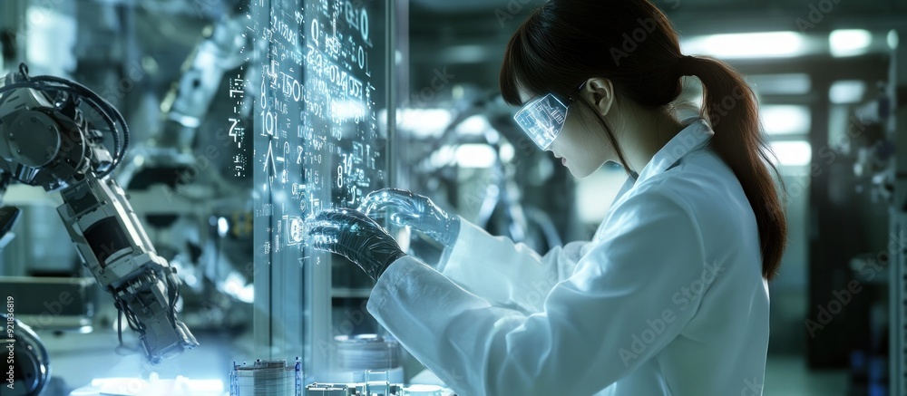 Aufkleber female scientist interacting with holographic data in a lab setting
