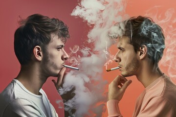 Fototapeta premium Dramatic confrontation between two men enveloped in smoke depicting the intense personal battles with addiction
