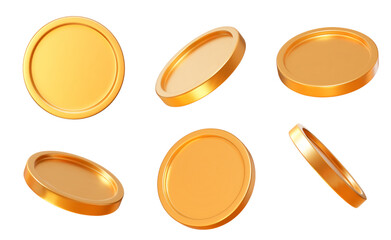 3D set realistic golden coins with different angles.  Symbol of gold and wealth. Stock vector illustration on isolated background.