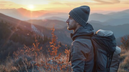 Sporty man in grey beanie hiking at sunrise on mountain trail, glowing in warm morning light