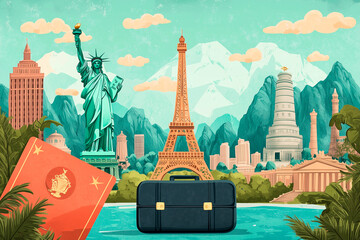 
A vibrant gift card showcasing famous global landmarks, such as the Eiffel Tower, Statue of Liberty, and Great Wall of China, with a suitcase and passport in the foreground, text "World Tourism Day"