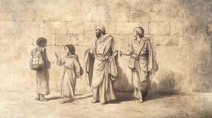 Fototapeta premium Biblical Illustration of David’s Family Joining Him at Adullam, Offering Support and Companionship, Bible Wall Art with Beige Background