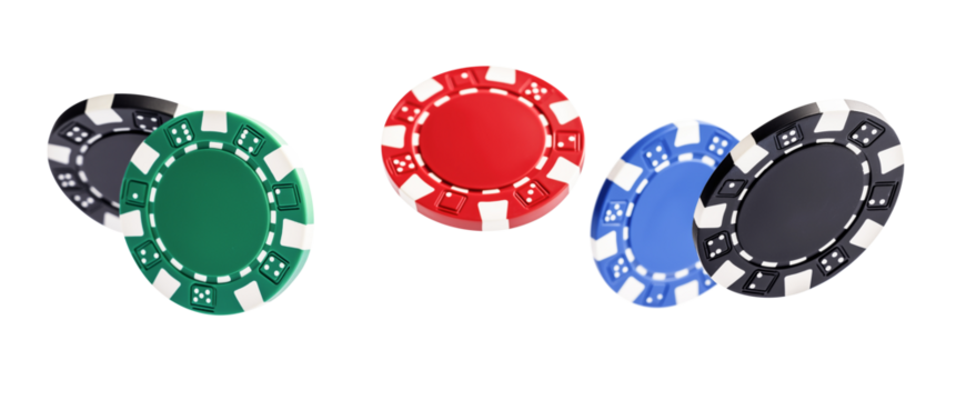 colorful casino chips isolated on white background, flying in the air. cut out