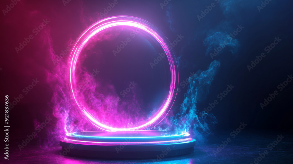 Poster game portal ui featuring hologram light technology and a neon circle effect. futuristic game technol