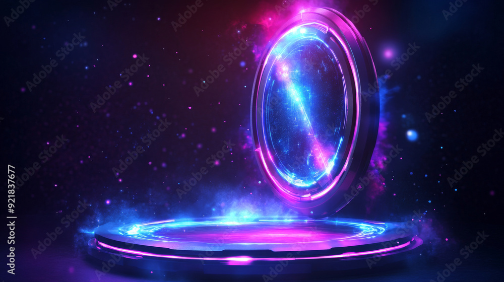 Poster game portal ui featuring hologram light technology and a neon circle effect. futuristic game technol