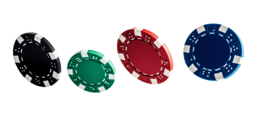 colorful casino chips isolated on white background, flying in the air. cut out