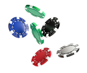 colorful casino chips isolated on white background, flying in the air. cut out