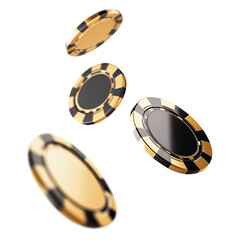 golden casino chips isolated on white background, flying in the air. cut out