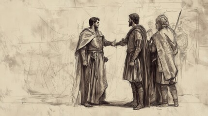 Fototapeta premium Biblical Illustration of 1 Samuel: Jonathan’s Victory, Telling Armor-Bearer to Follow as Lord Gives Philistines into Israel’s Hands