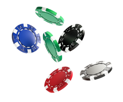 colorful casino chips isolated on white background, flying in the air. cut out