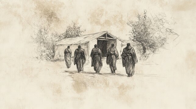Biblical Illustration of Saul and His Men Arriving at the Medium&rsquo;s House in Endor, Under the Cover of Darkness, Bible Wall Art with Beige Background