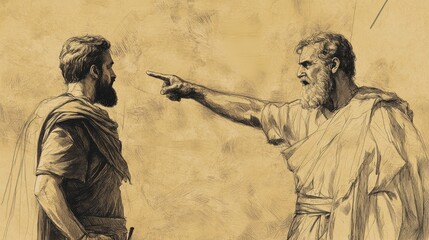 Fototapeta premium Biblical Illustration of Ahimelech Defending His Actions Before Saul, Believing David Was on a Mission for the King, Bible Wall Art with Beige Background
