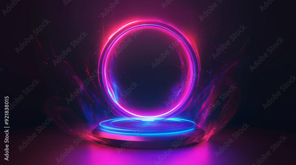 Poster game portal ui featuring hologram light technology and a neon circle effect. futuristic game technol