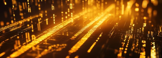 Abstract Digital Network with Glowing Golden Lines and Data