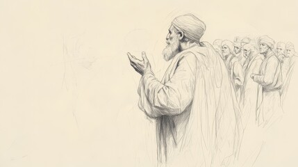 Fototapeta premium Biblical Illustration of Israel Demands a King: Samuel Prays to the Lord About Israel's Request for a King, Seeking Divine Guidance, Beige Background, Faith, Prayer, Old Testament