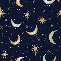 Naklejka premium Hand Drawn Night Sky With Stars and Moons Seamless Pattern