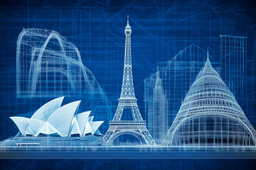 
A sleek, modern gift card featuring iconic architectural structures like the Eiffel Tower, Burj Khalifa, and the Sydney Opera House, with a blueprint overlay
