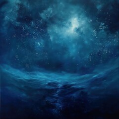 Naklejka premium A dark blue starry sky above a deep, swirling ocean, in a dreamy, serene fantasy art style with hyper-realistic details.