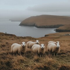 Obraz premium A group of sheep on Scotland's coast in autumn, facing the camera, with cliffs and the sea in the background under an overcast sky.