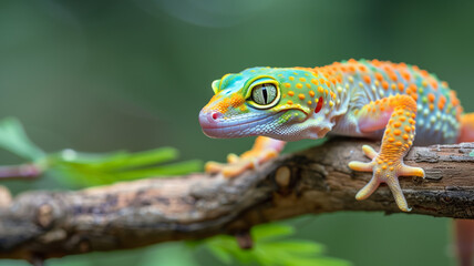 Fototapeta premium Vivid Leopard Gecko with striking colors on a branch