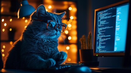 Hacker works in dark room, cat wearing glasses uses computer. Concept of spy, ransomware, cyber...