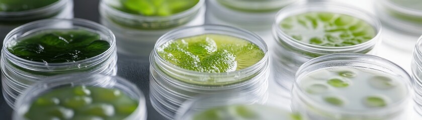Close-up of Petri Dishes with Green Algae