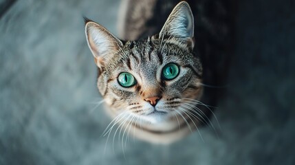 Obraz premium a cat with green eyes looking up at the camera