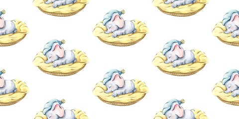 Cute elephant baby sleeping on a cloud. Watercolor seamless background for children's bedroom, wallpaper, bed linen..