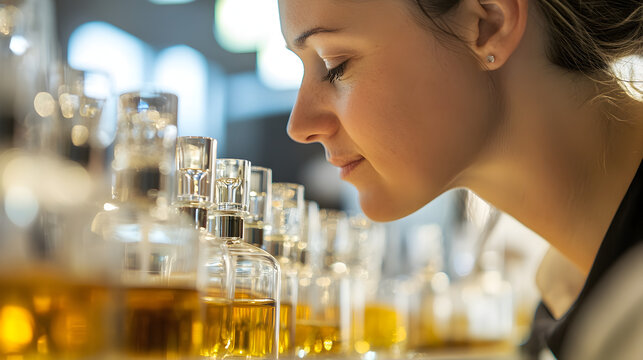 A series of close-up portraits of perfumers blending scents, with subtle expressions of concentration as they assess each unique aroma.


