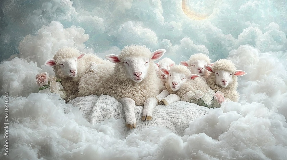 Wall mural a flock of sheep atop cloudy heights, beneath a moonlit sky