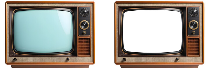 Vintage wooden TV box with a framed screen, isolated on a transparent or white background.